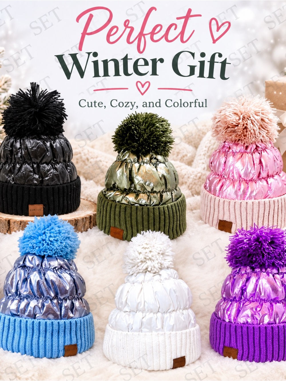 Metallic Foil FRINGE Pom Pom Puffer Knit Beanie (w/Fleece Lining), Winter Cap